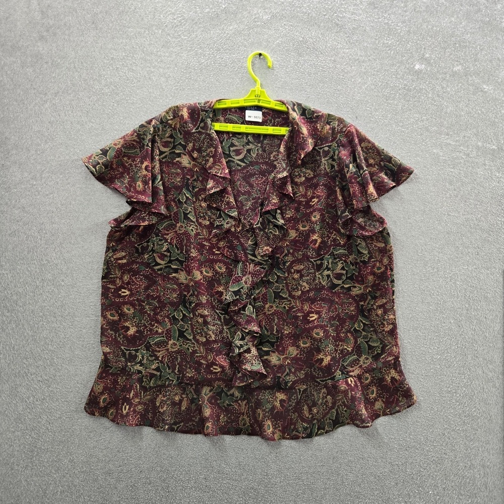 Chaps Women Blouse 3X Burgundy Floral Ruffle Pullover Short Sleeve Artsy Office